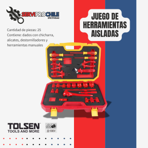 JUEGO DE DADOS CON CHICHARRA, ALICATES, DESTORNILLADORES Y HERRAMIENTAS MANUALES AISLADAS 1000V MODELO V83825 TOLSEN (25 PIEZAS)
