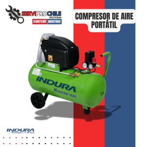 COMPRESOR DE AIRE PORTATIL ELECTRICO DE POTENCIA 2HP CON CAPACIDAD HASTA 50LT Y PRESION MÁX. DE 116 PSI INDURA HURACAN 1520