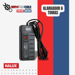 ALARGADOR  6 TOMAS | 2 PUERTOS USB | INTERRUPTOR ON/OFF | CABLE: 3,0MT HALUX
