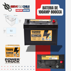 BATERIA DE 100AMP 800CCA BORNE CON PERNO | POLARIDAD BORNE POSITIVO DERECHO CENTRADO | MEDIDAS: 230 X 170 X 330MM POWERTRUCK