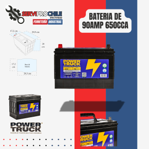 BATERIA DE 90AMP 650CCA BORNE ESTANDAR | POLARIDAD BORNE POSITIVO IZQUIERDO | MEDIDAS: 220 X 170 X 300MM POWERTRUCK